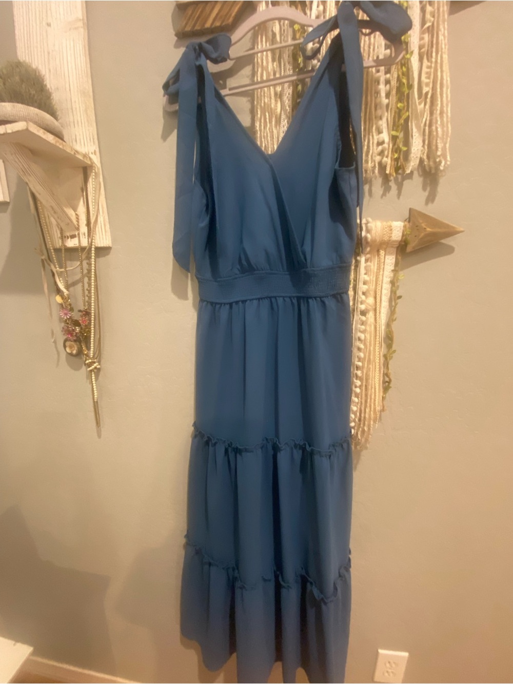 Blue Tie-Shoulder V-Neck Tiered Maxi Dress